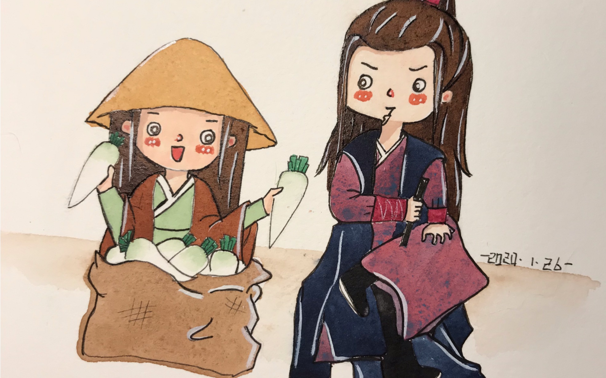 【水彩画】陈情令手绘可爱版温宁卖萝卜