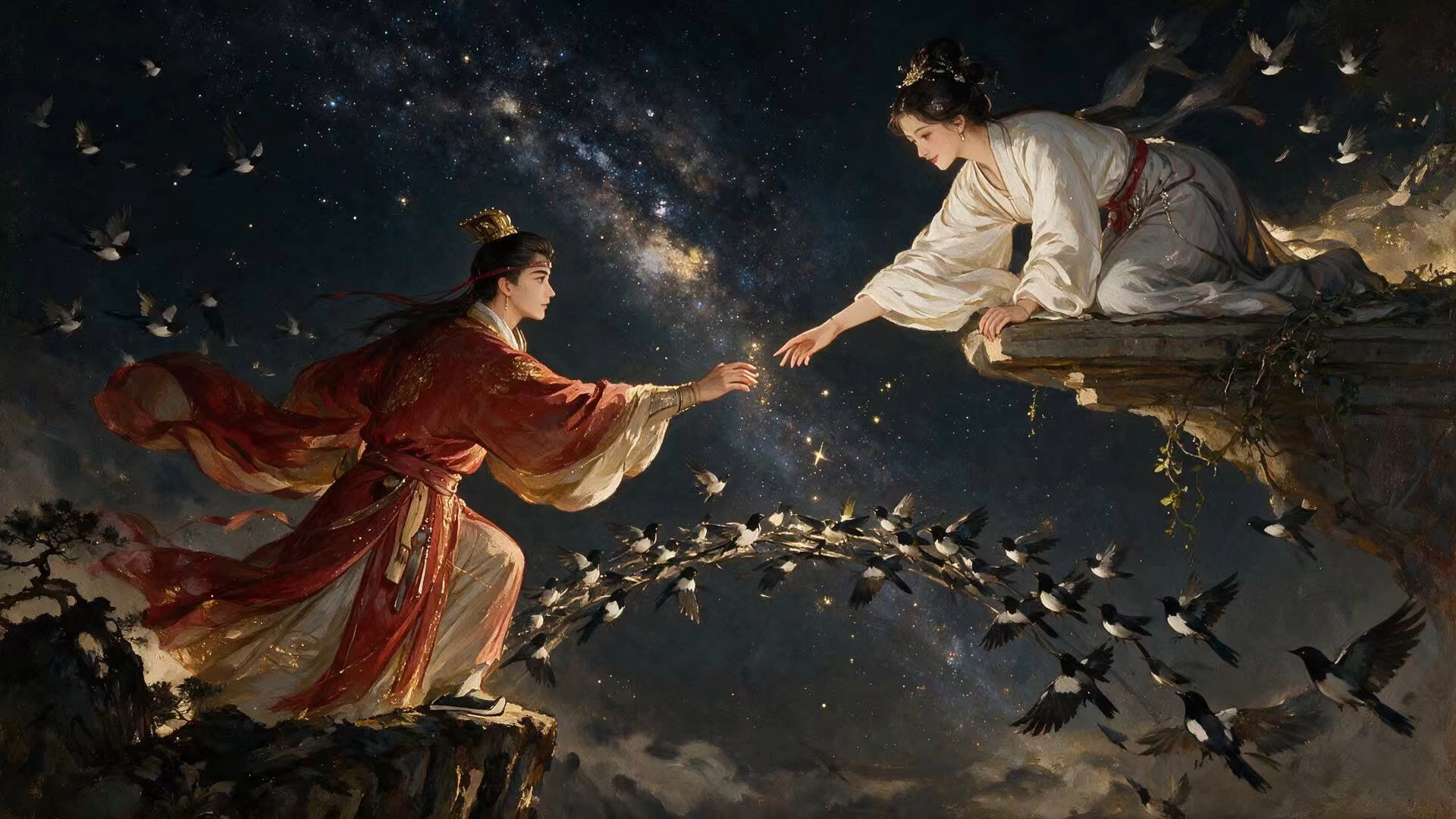 鸾扇斜分凤幄开，星桥横过鹊飞回。争将世上无期别，换得年年一度来。