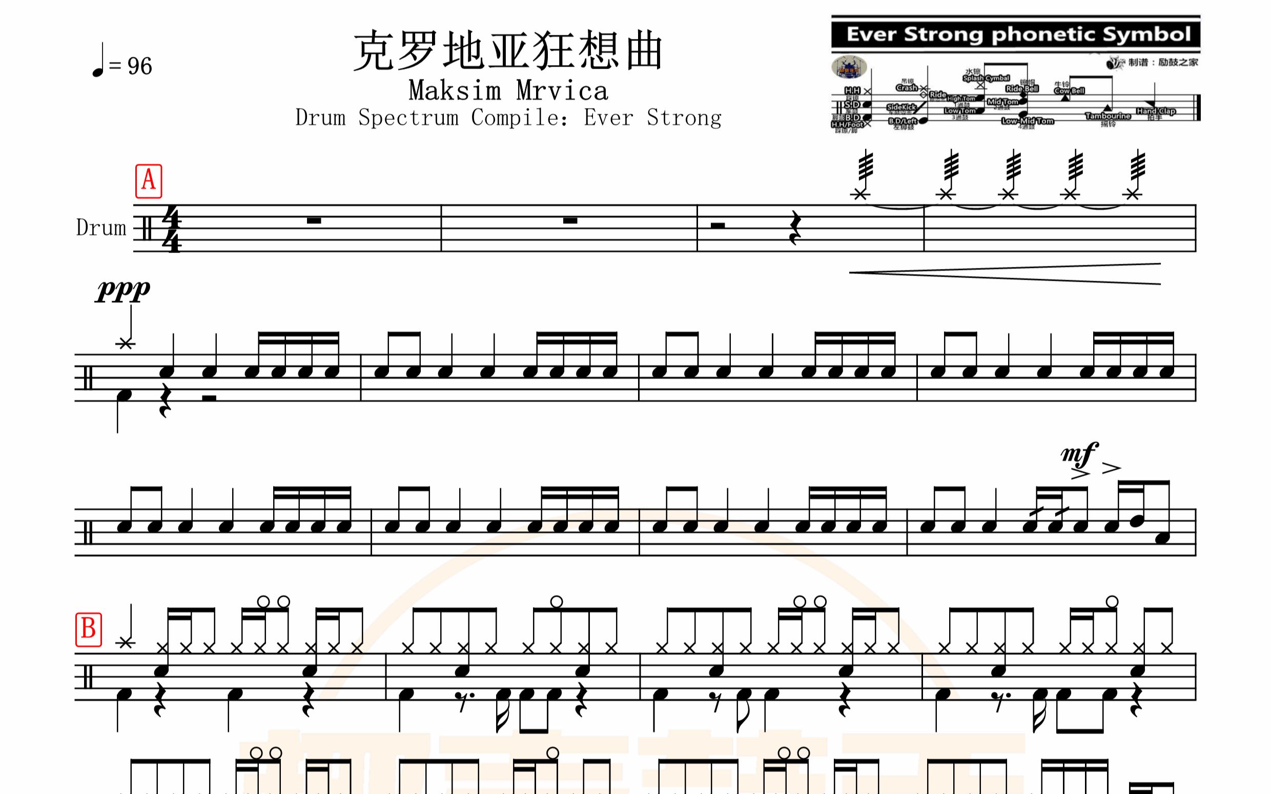 【椰壳鼓手网】maksim mrvica 克罗地亚狂想曲鼓谱架子鼓鼓谱高清动态