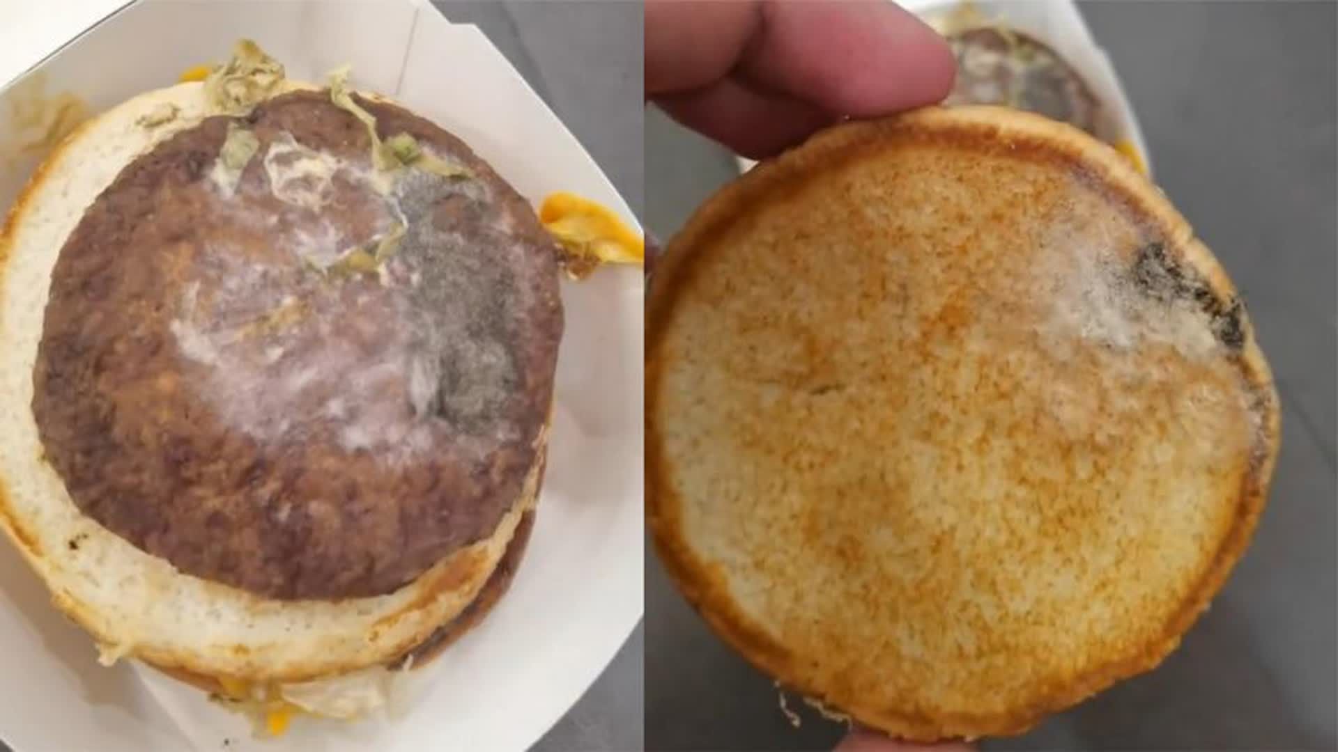 麦当劳巨无霸汉堡肉饼长毛?面饼发硬发霉扔地一声响,顾客惊呆