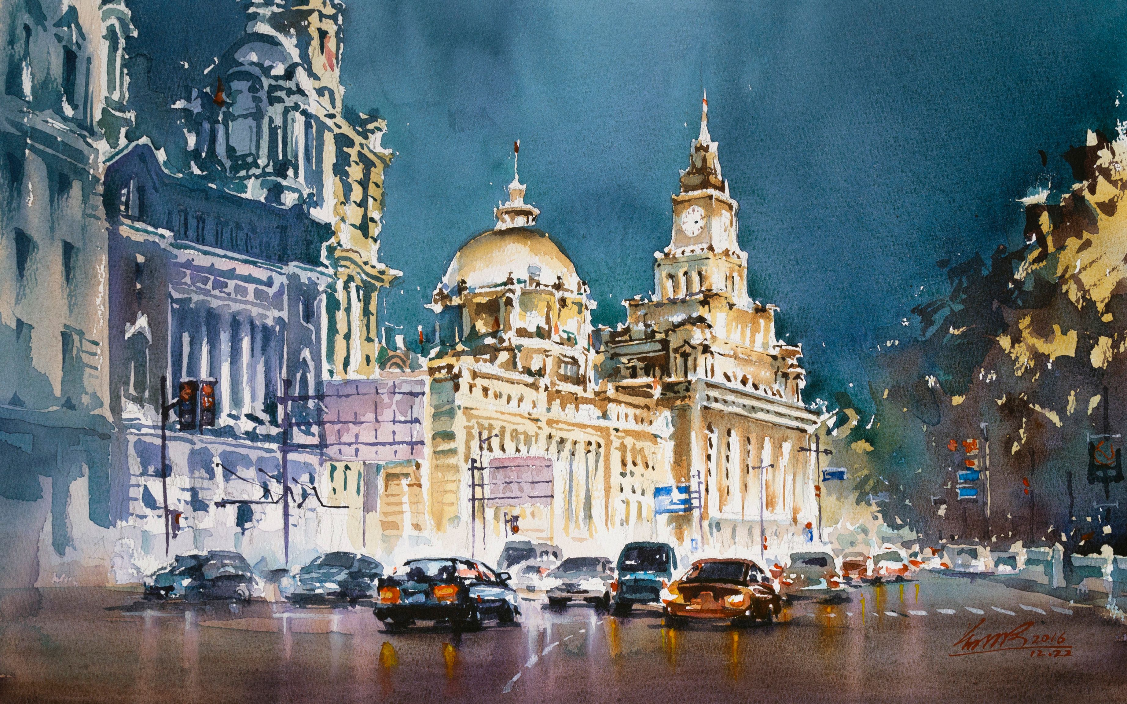 夜上海--水彩示范-by:若鹏水彩