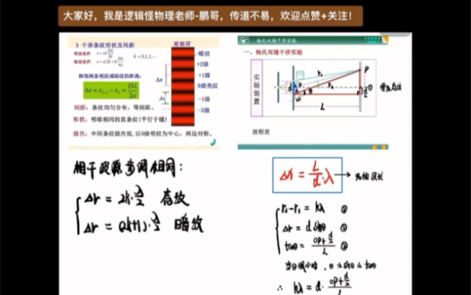 最美物理实验,杨氏双缝干涉——《相邻亮/暗纹中心间距的公式推导》哔哩哔哩bilibili