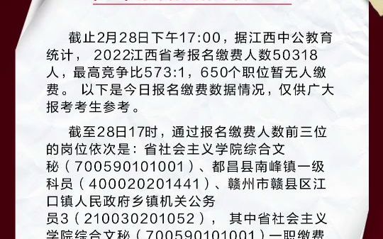 截止2月28日17:00,2022江西省考报名缴费人数50318人,最高竞争比573:1.报名时间截止3月2日17:00.哔哩哔哩bilibili