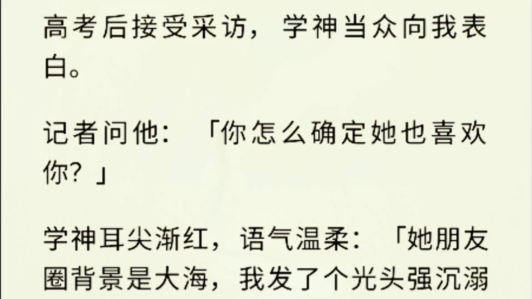 (全文完)学神耳尖渐红,语气温柔:「她朋友圈背景是大海,我发了个光头强沉溺大海的朋友圈.」「仅她可见,她点赞了.」记者:「……」哔哩哔哩...