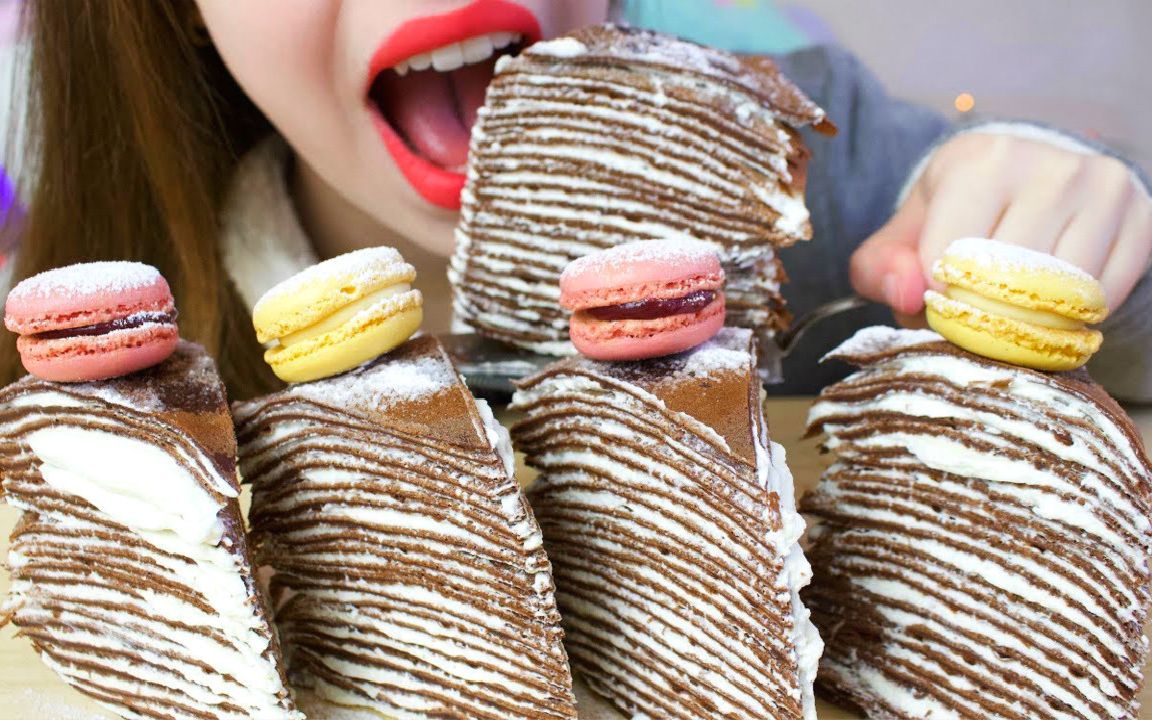 hazelnutcrush巧克力可丽千层蛋糕法式马卡龙覆盆子柠檬口味吃播咀嚼