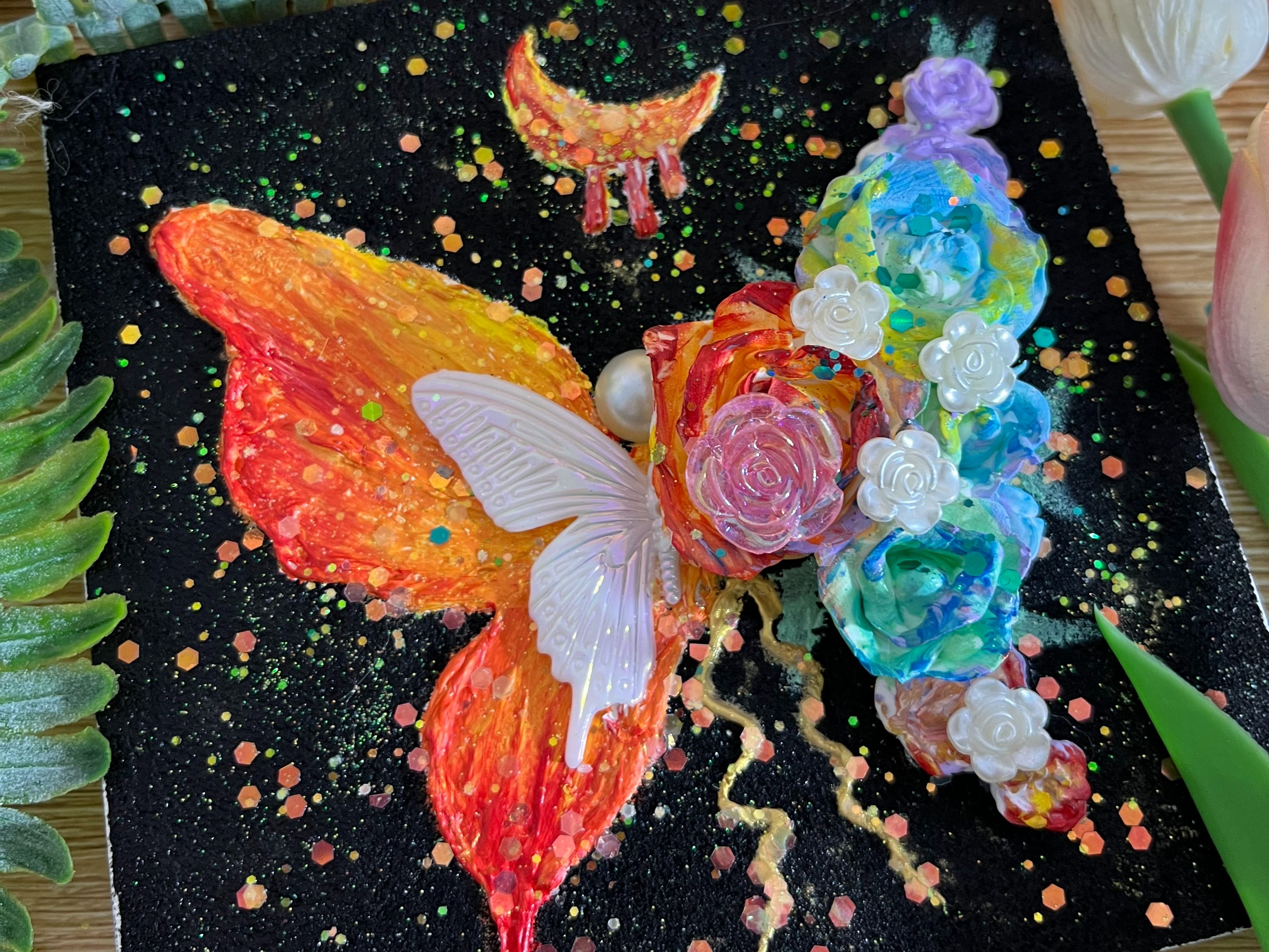 用粘土画一幅画,彩虹蝴蝶玫瑰