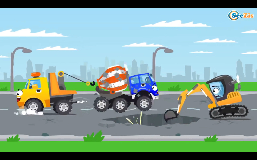 汽车卡通 挖土机拖车帮助搅拌车 怪兽车买了巫师的神奇药水,他准备干