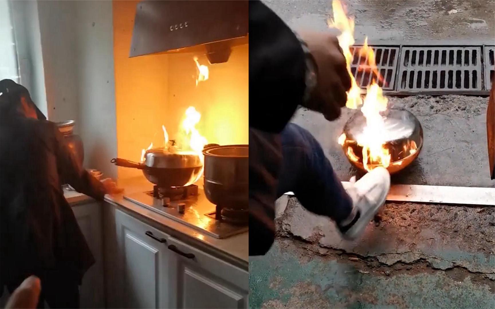厨房炒锅起火锅盖竟不顶用,移动一下火焰窜得更大,一屋子人慌了