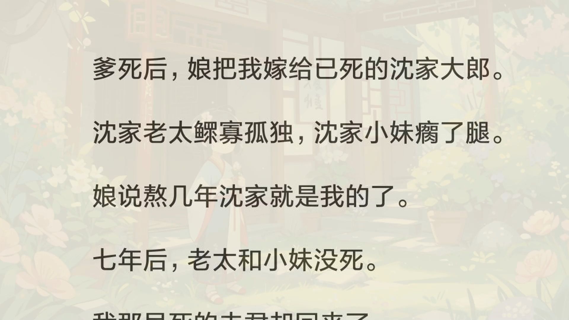 我被她绑着与那沈家大郎的牌位拜了堂.夜深时,我本要逃.却听到一声哭喊:「祖母!」 我回头朝那窗缝一瞧,榻上的老太吐出一口血.一旁的小丫头急得...