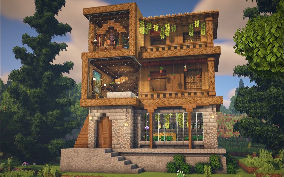 【Minecraft建筑教程】木制现代生存房屋建筑教程网络游戏热门视频