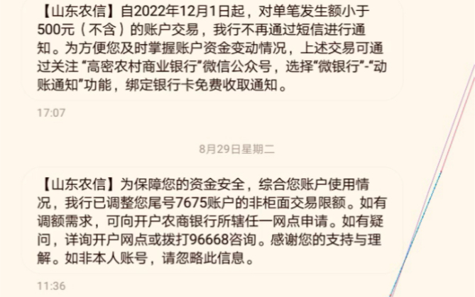 8月29日星期二【山东农信】为保障您的资金安全,综合您账户使用情况,我行已调整您尾号7675账户的非柜面交易限额.如有调额需求,可向开户农商银行...