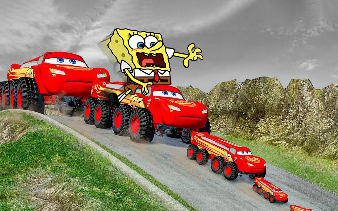 大闪电麦昆vs小麦昆车的趣味对决,海绵宝宝的汽车对决!