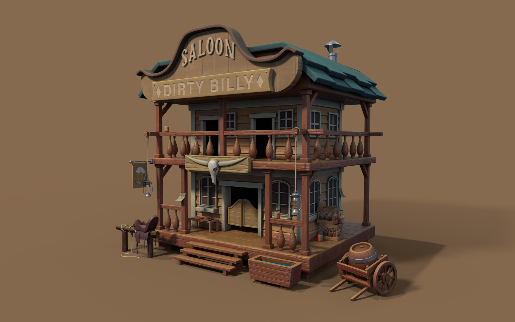 【3dmax建模】西部牛仔"枪战小场景"模型,房屋建模卡线布线渲染制作