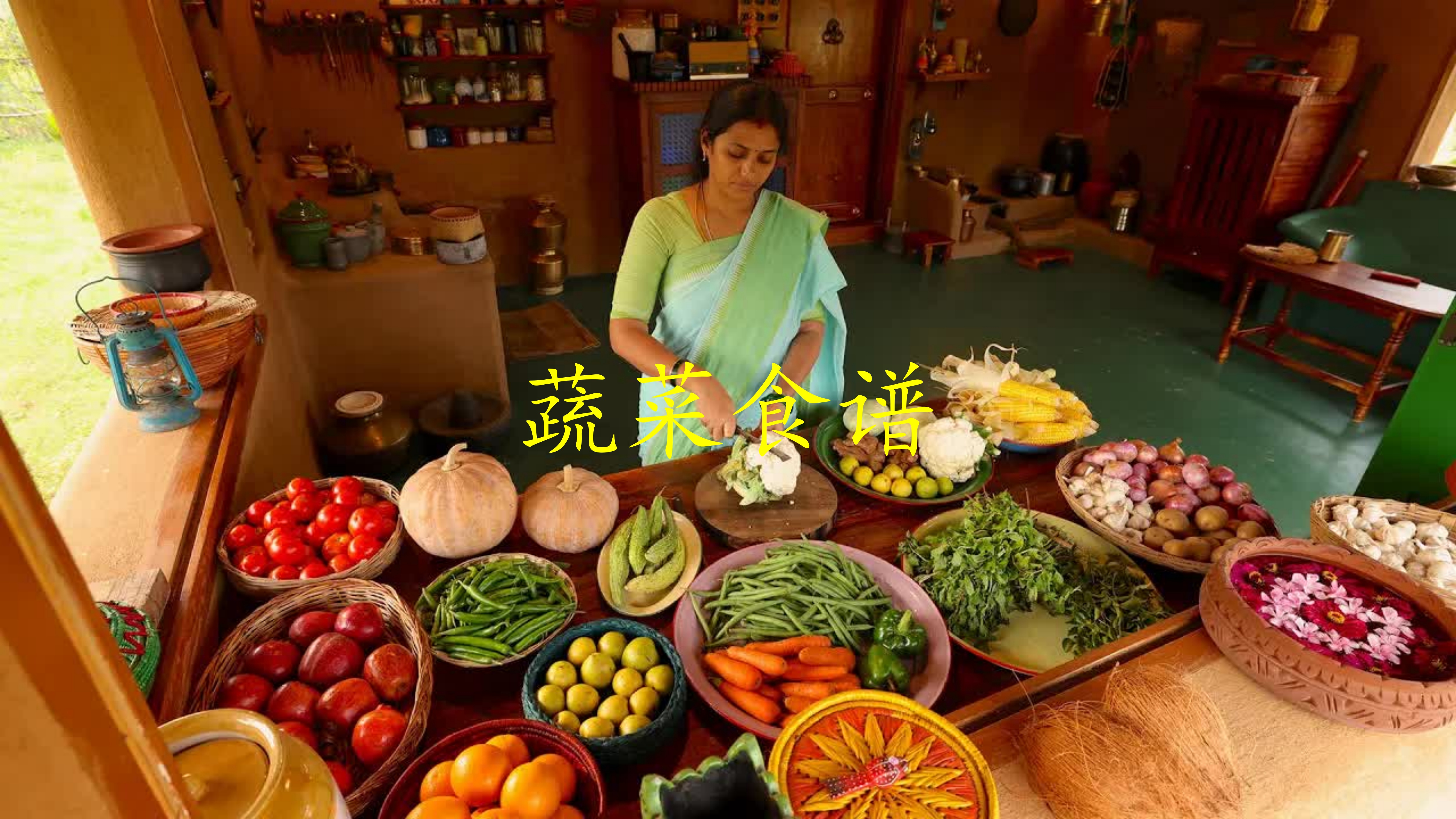 在乡村厨房烹饪蔬菜食物