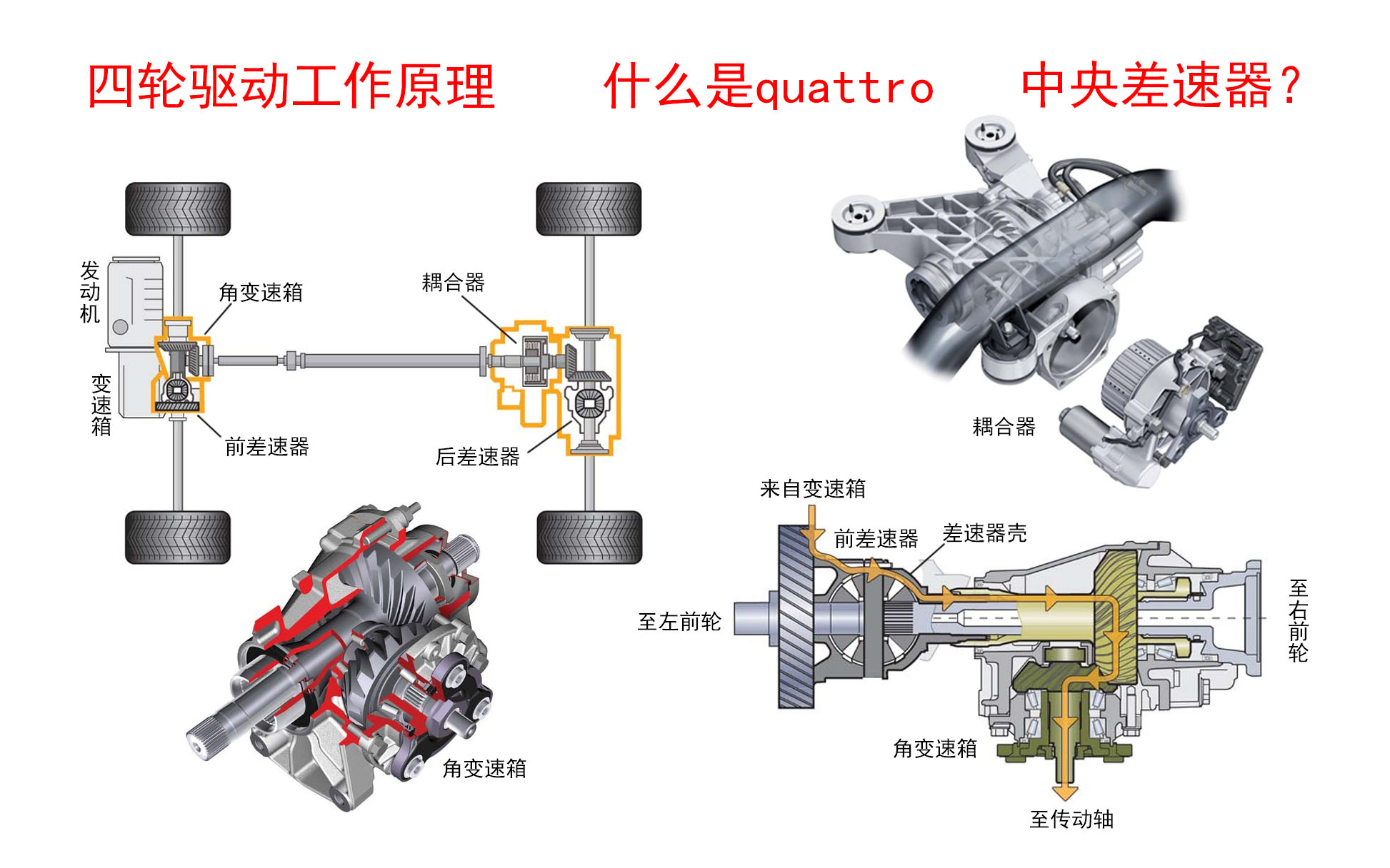 四轮驱动工作原理,什么是quattro?分动箱工作原理,中央差速器,托森差速器,全时四驱,适时四驱,电耦合器,粘性耦合器原理哔哩哔哩bilibili