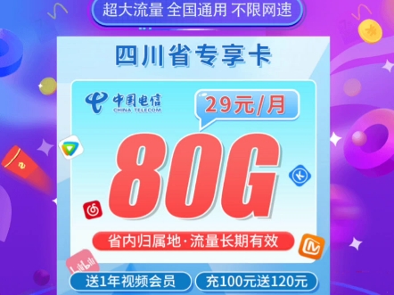 今日主推四川省专享卡,只发四川省内,首月免费,29元一个月80G流量,还送一年视频会员.办卡无需任何手续费,想要就找我办理吧!哔哩哔哩bilibili