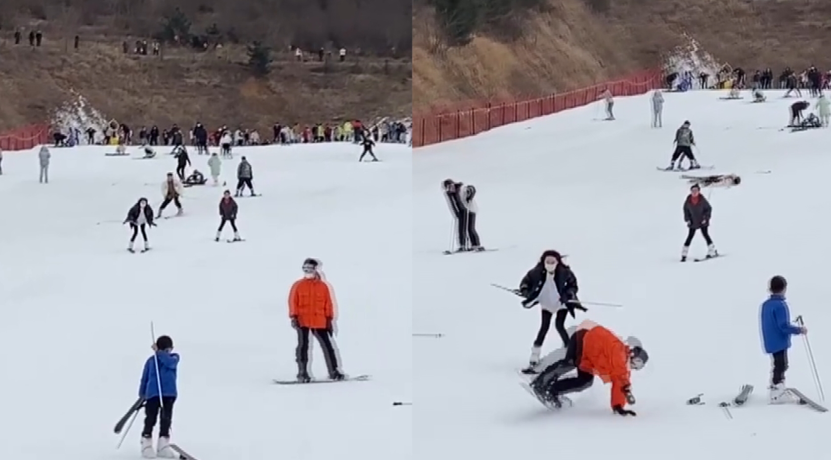 女孩滑雪下坡刹不住车,看见旁人发出尖叫,男子神反应猛扑避险哔哩哔哩bilibili