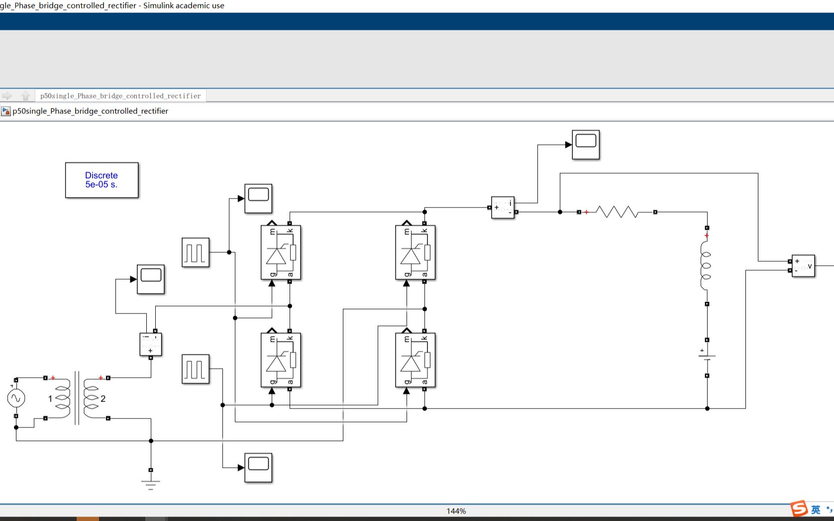 [图]手把手教电力电子的MATLAB仿真系列1 MATLAB Simulink 仿真 单相桥式全控整流电路 电力电子技术第50页例题仿真