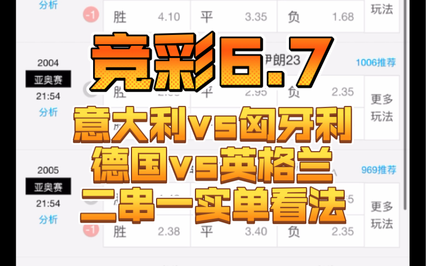 【竞彩6.7】意大利vs匈牙利,德国vs英格兰,二串一实单看法!哔哩哔哩bilibili