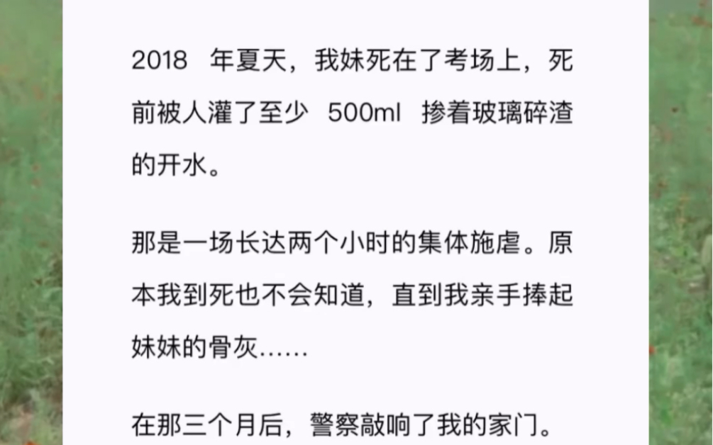 那年夏天,我妹s在了考场上,s前被人灌了至少 500ml 掺着玻璃碎渣的开水那是一场长达两个小时的集体施虐.原本我不会知道,直到我亲手捧起妹妹的骨灰...