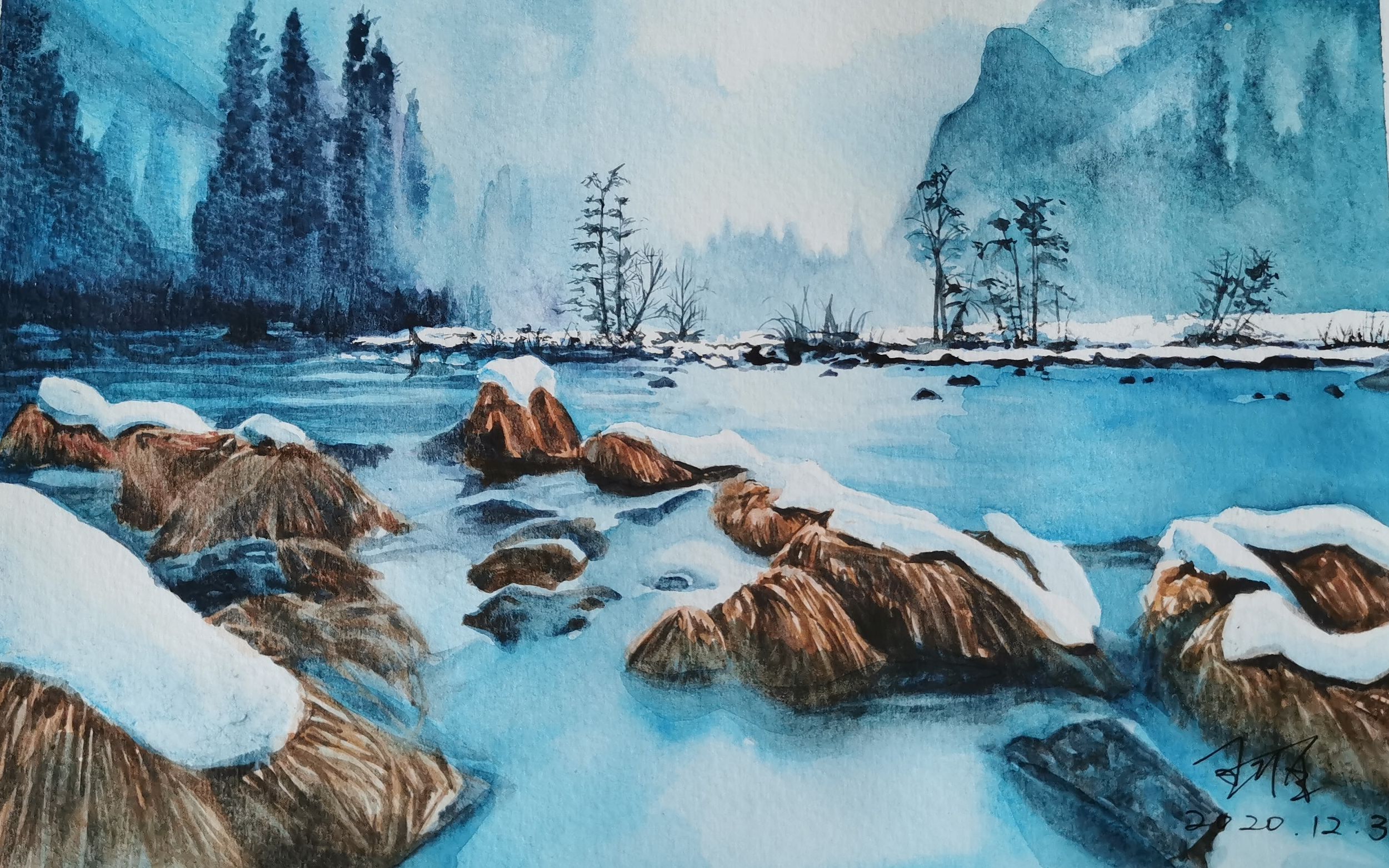 水彩风景冬季雪景