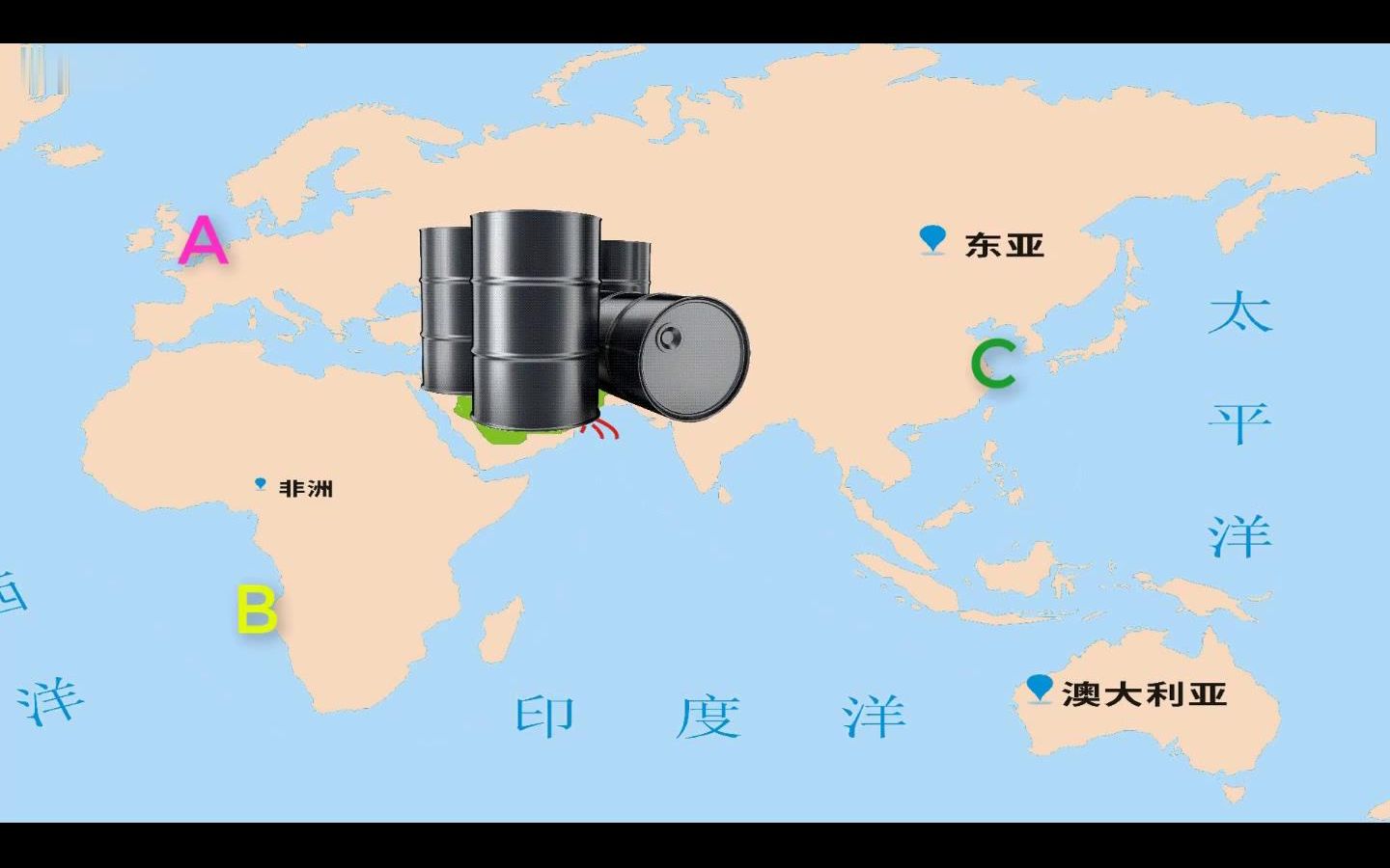 [图]西亚、波斯湾、石油、交通路线、五海三洲之地、霍尔姆之海峡、苏伊士运河、直布罗陀海峡、马六甲海峡（5分）