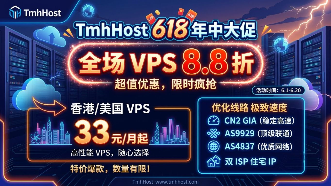 618 神车!TmhHost 全场 VPS 8.8 折,香港美国低至 33 元 / 月,CN2 GIA/AS9929/AS4837 / 住宅 IP 任选