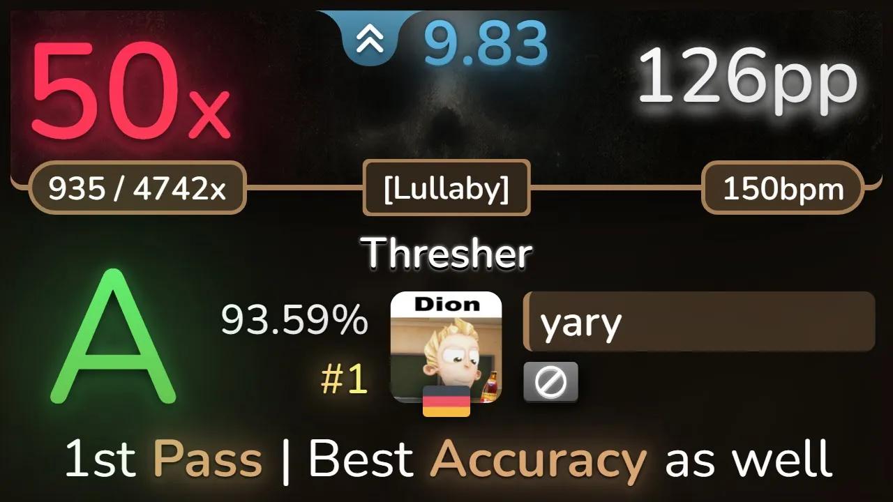 9.8⭐ yary | Aoratos  Thresher [Lullaby] 93.59% (#1 126pp 50❌)  osu!音游热门视频