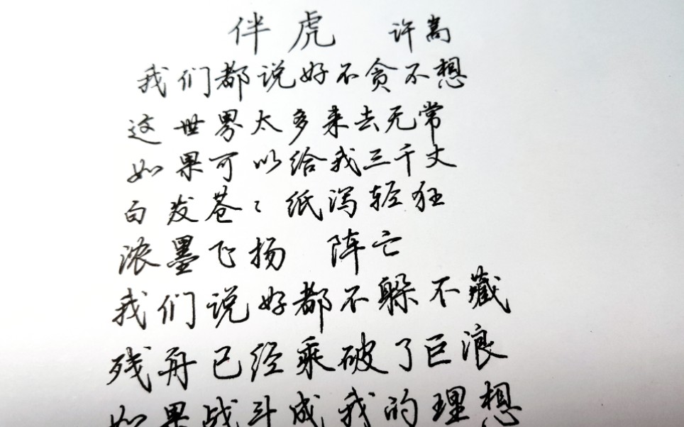 手寫許嵩的伴虎歌詞07的中性筆