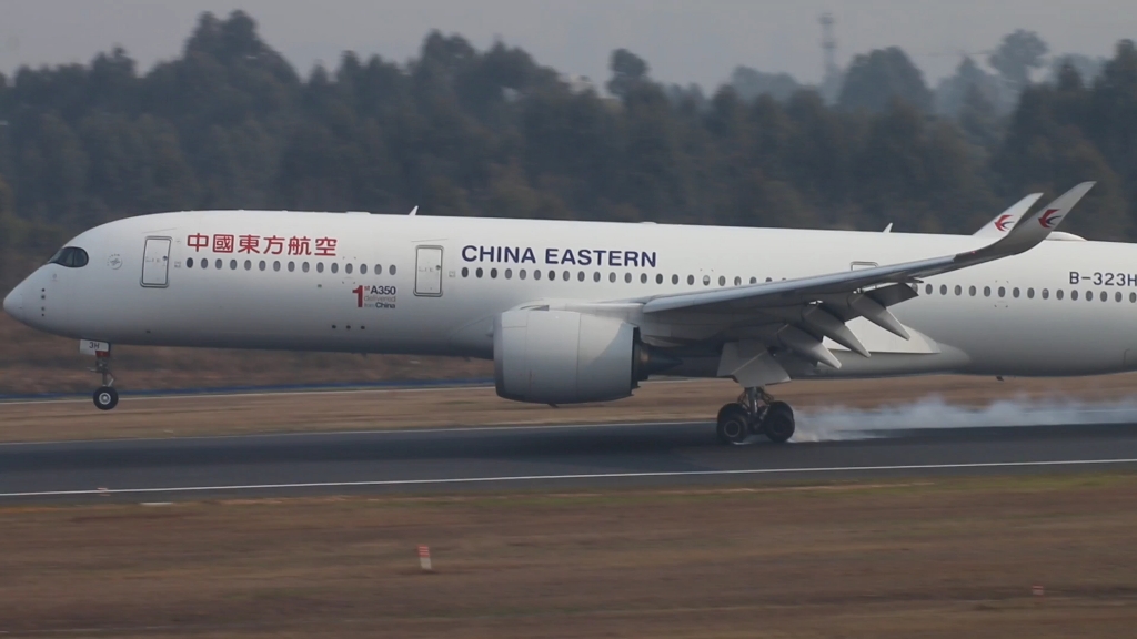 東航空客a350彩繪飛機在成都雙流國際機場降落