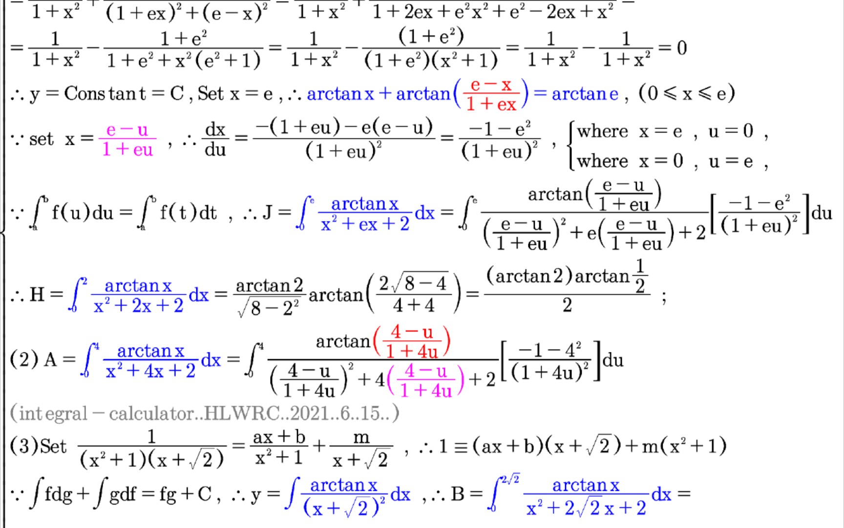 [图]#HLWRC高数#热爱105摄氏度的你要怕烫伤湖南方言蜀道难。不定积分分部积分法，定积分莫比乌斯环变换换元法有恒等式。∫arctanx/(x^2+ex+2)dx