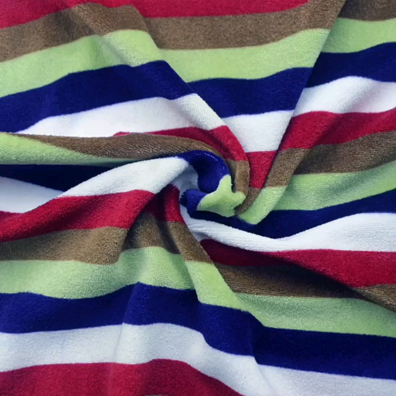 印花天鹅绒运动套装面料针织全涤分散印花蒸纱仿棉绒彩条天鹅绒布