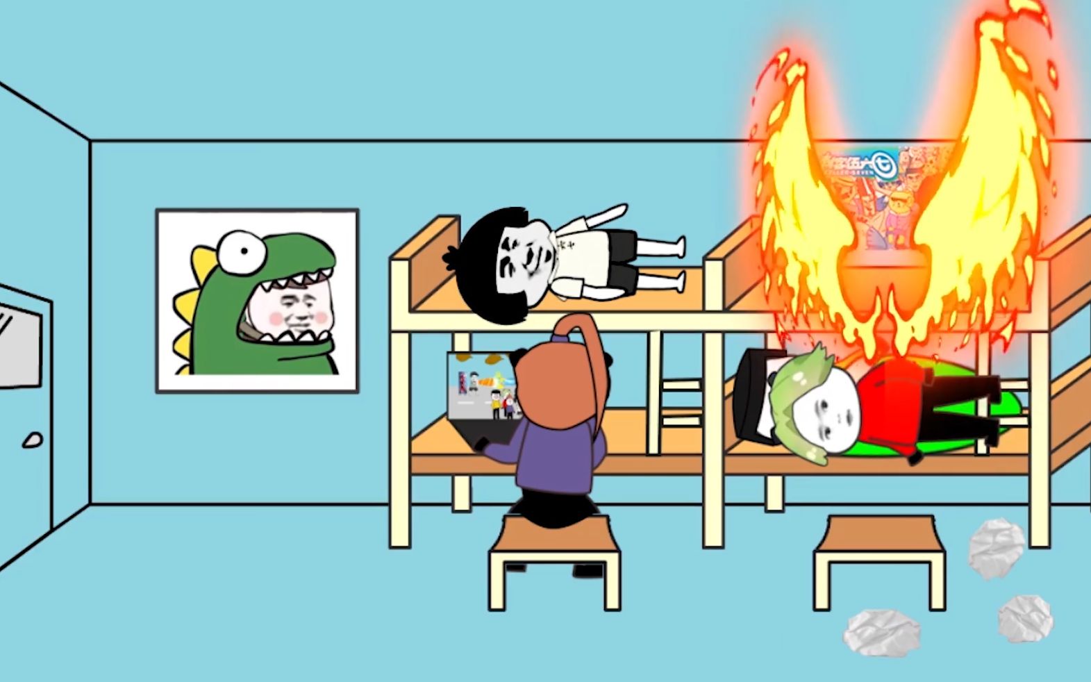 沙雕动画男生周末宿舍看恐怖片