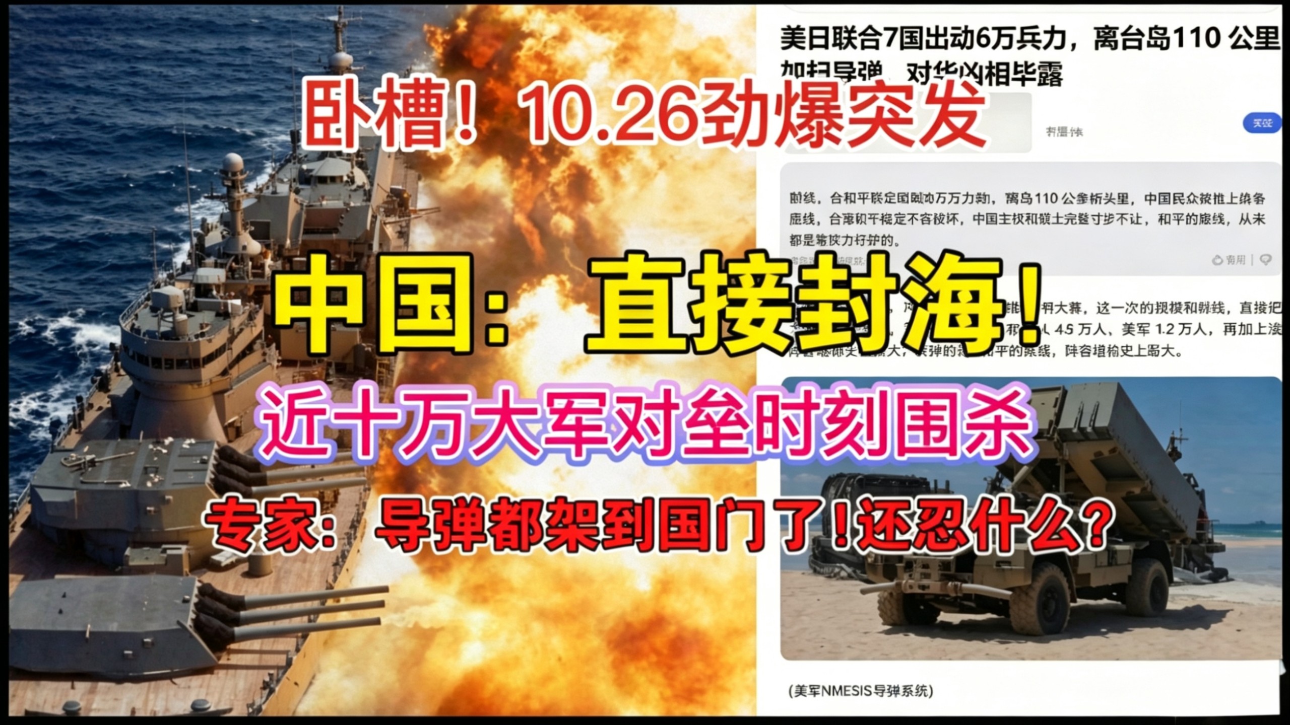 10.26劲爆突发！东大：直接封海！近十万大军对垒时刻围杀？网友：导弹都架到国门了！还忍什么？