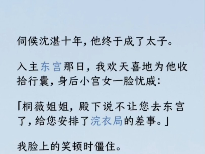 入主东宫那日,我欢天喜地为他收拾行囊,身后小宫女一脸忧戚: 「桐薇姐姐,殿下说不让您去东宫了,给您安排了浣衣局的差事.哔哩哔哩bilibili