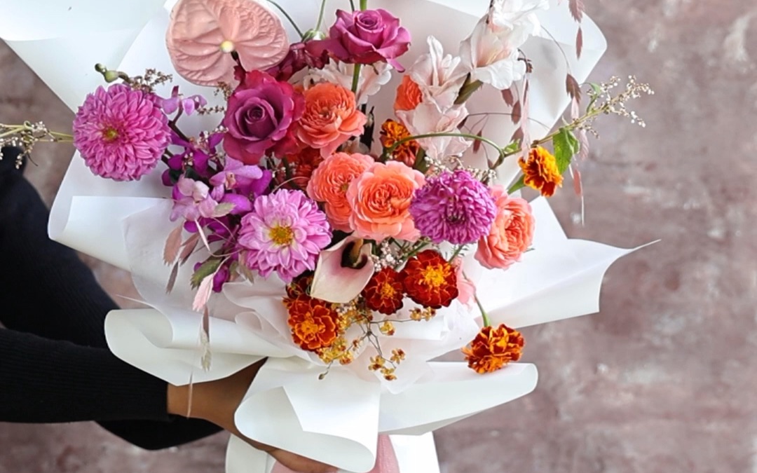 韩式ins风粉紫色系96花束 | 花艺教程【原创视频,禁止盗用】