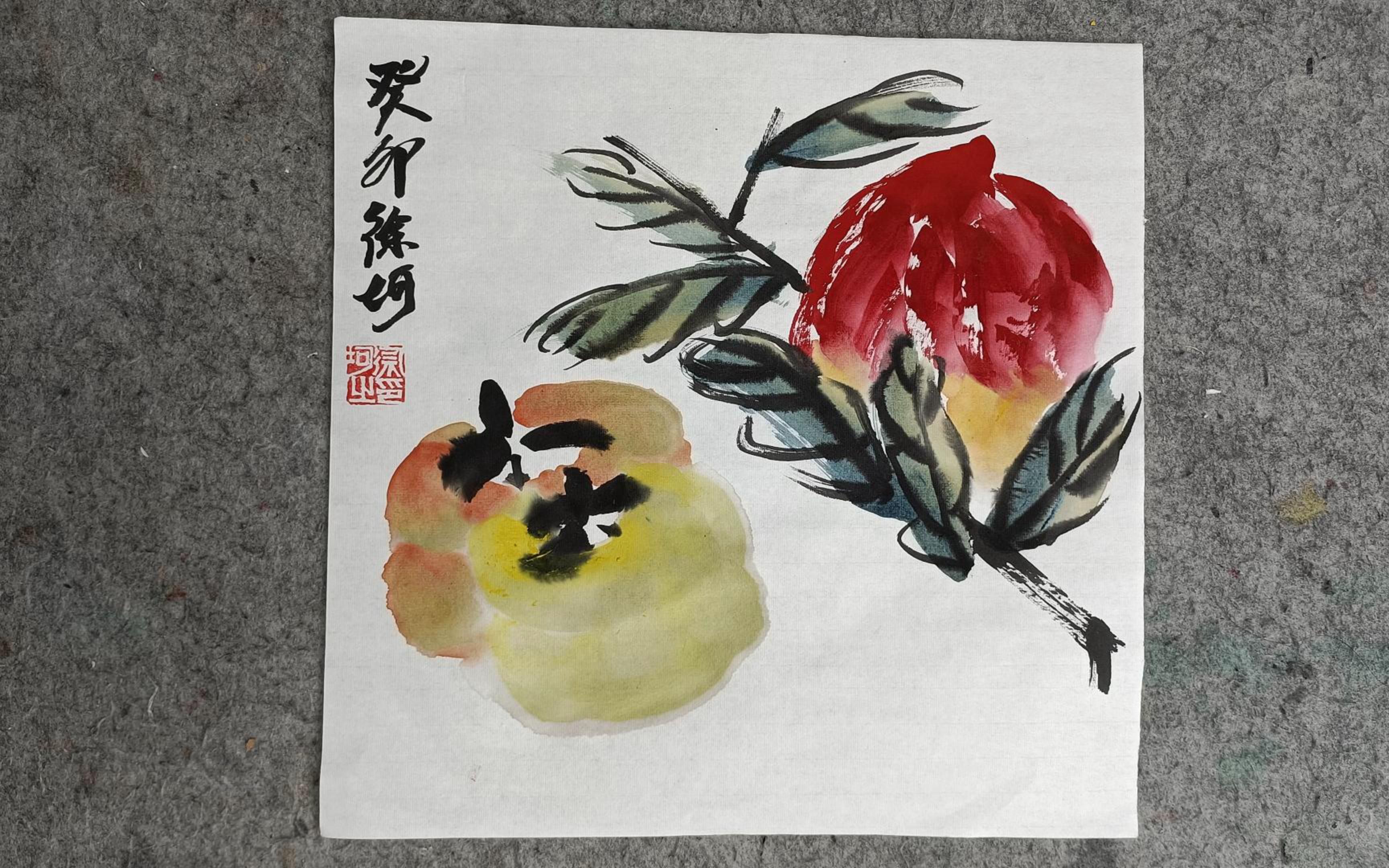 寿桃事事如意,写意《柿子桃子》几笔就可以画出来