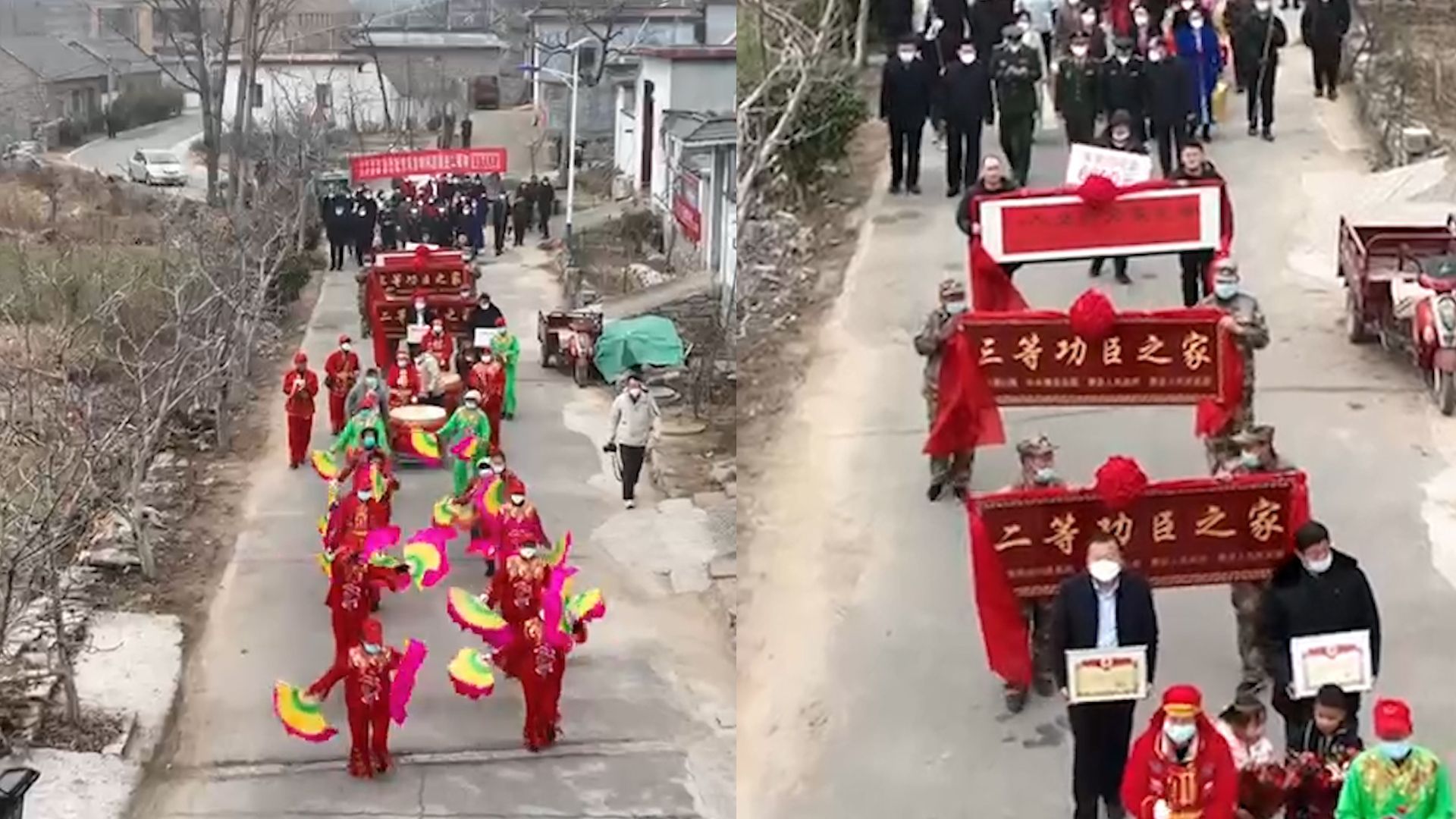 一门两豪杰!兄弟俩当兵均立功 家乡村民敲锣打鼓迎接功臣牌匾哔哩哔哩bilibili