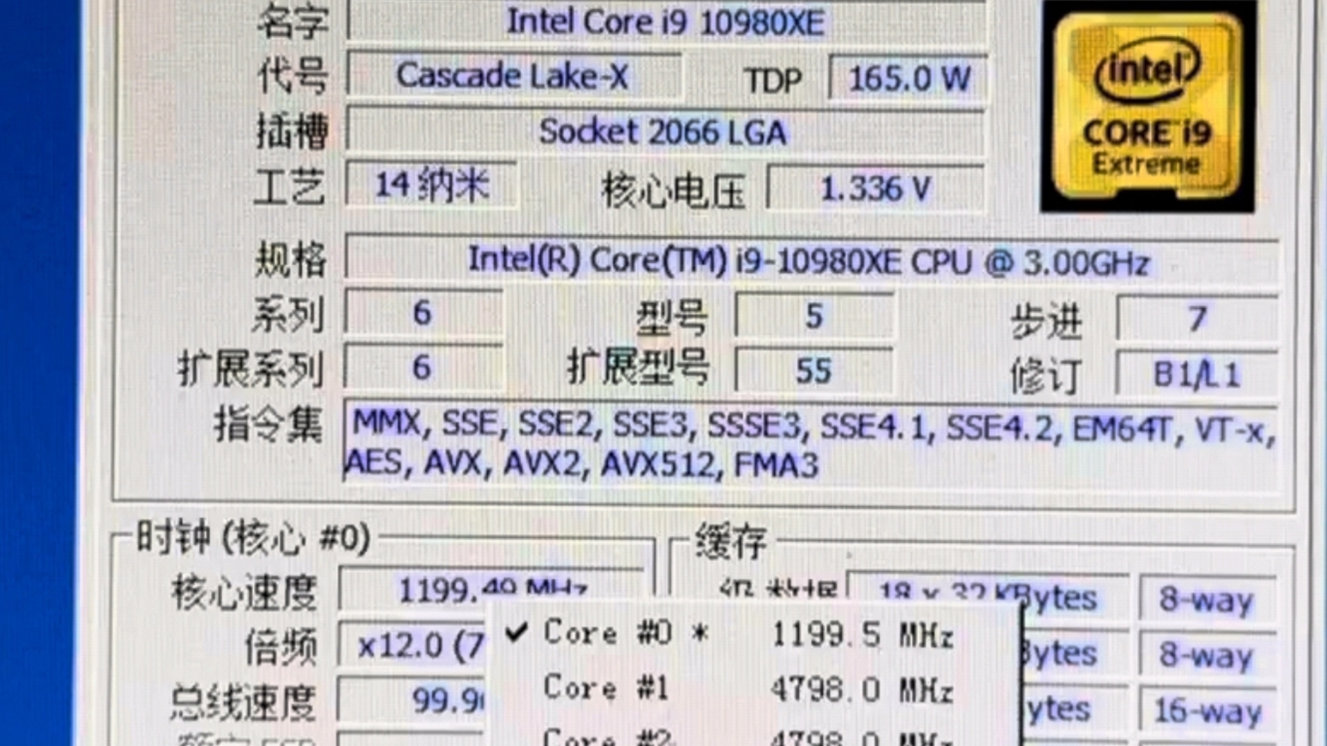 !少见的U~INTEL CORE I9 10980XE处理器@4.8G频率状态下性能参数和CPUZ测试得分!感谢粉丝 “带耳朵去旅行”提供测试视频!哔哩哔哩bilibili