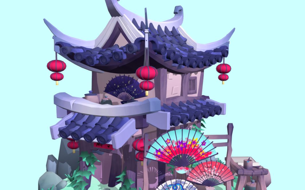 maya场景建模,卡通动画古风建筑"扇子屋"场景模型讲解