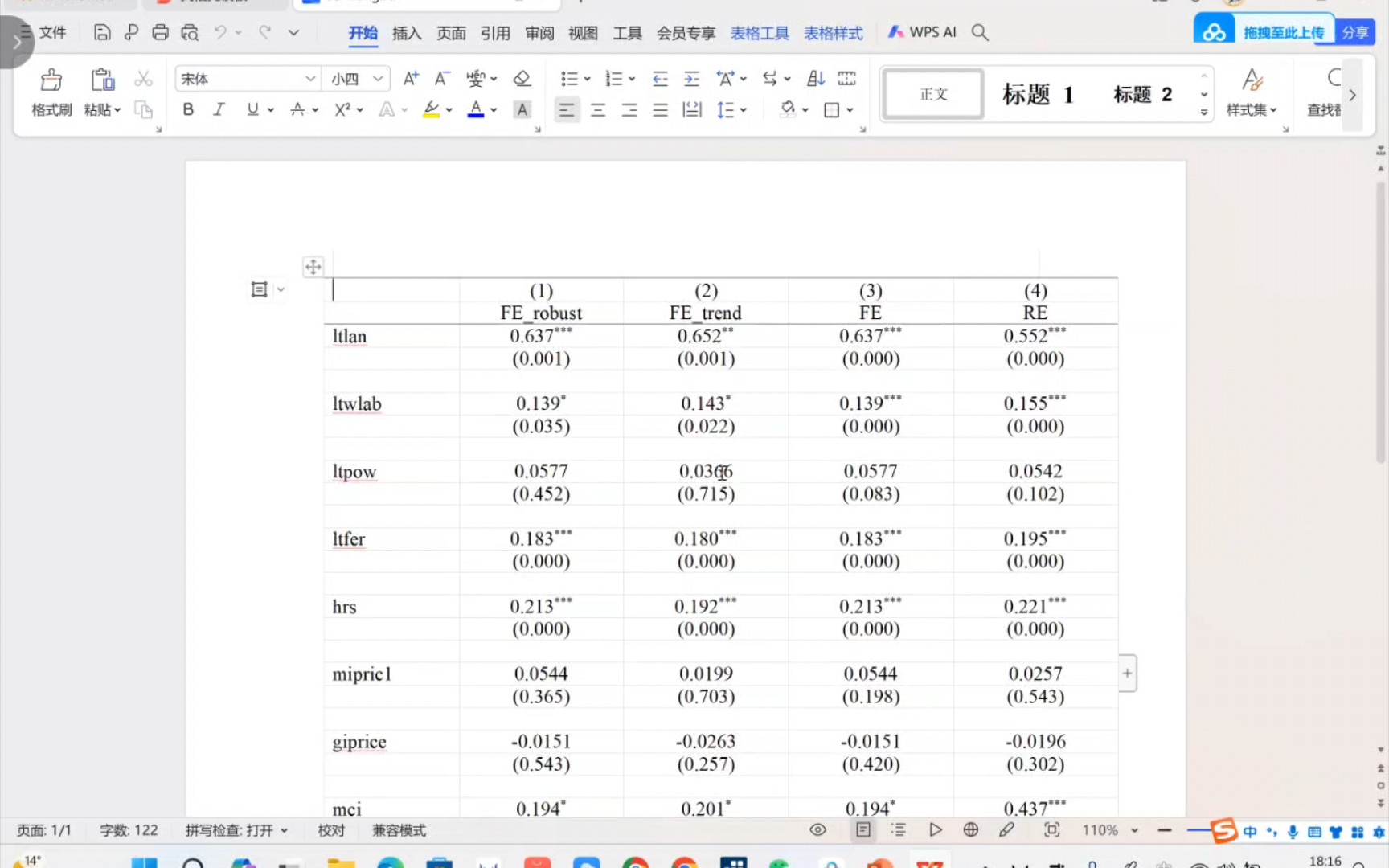 [图]高级计量经济学第四十节——面板数据stata实例9——在同一张表格显示回归结果以及把回归结果导出到word文档