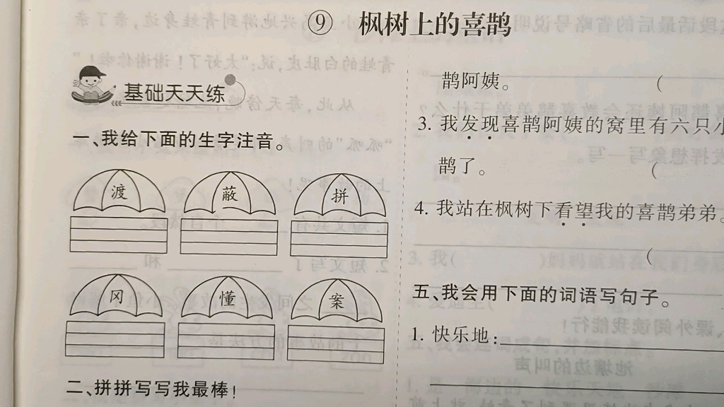 二年级语文下册:9《枫树上的喜鹊》习题,给生字注音需注意这些问题哔哩哔哩bilibili