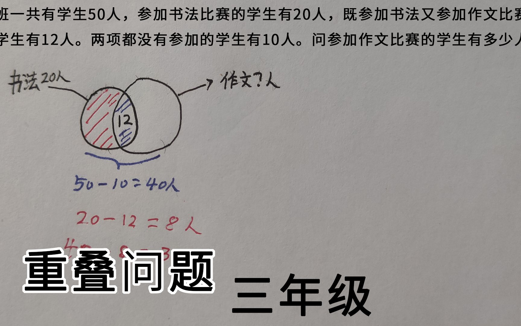 三年级数学,重叠问题,问参加作文比赛的学生有多少人?哔哩哔哩bilibili