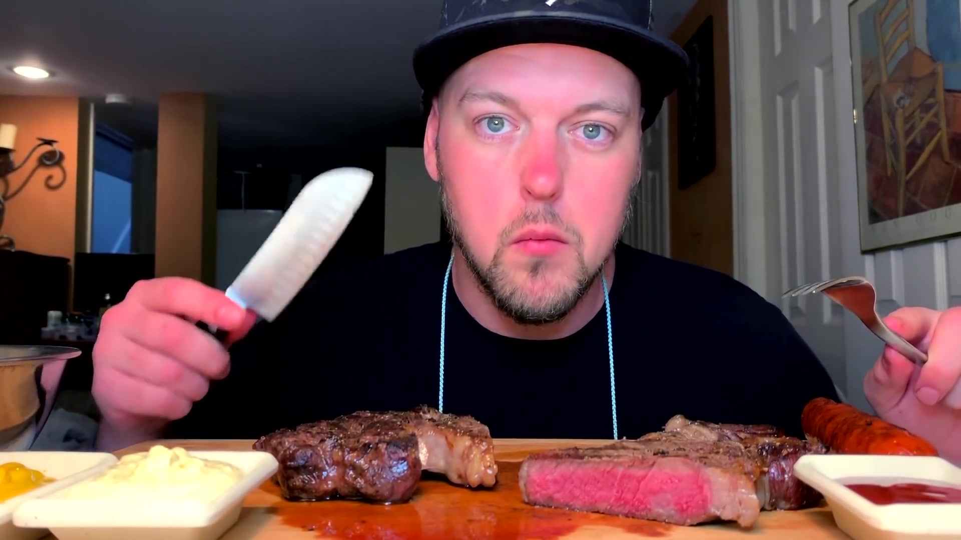asmr eating ribeye steak and grilled vegetables
