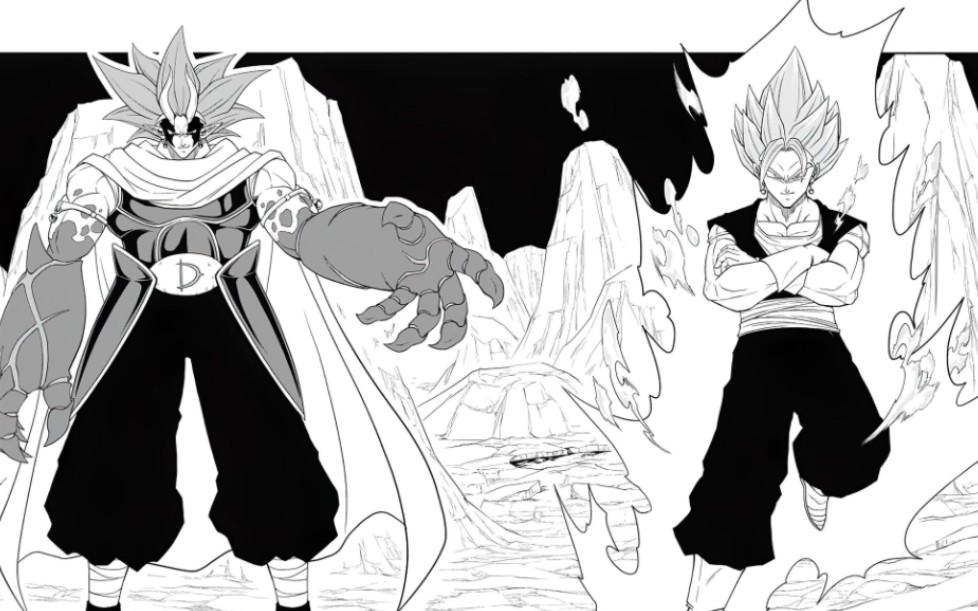 《超级龙珠英雄》漫画时之界王神篇第16话英文版,超蓝贝吉特对决暗黑王德米古拉,悟饭和特兰克斯携手抗敌