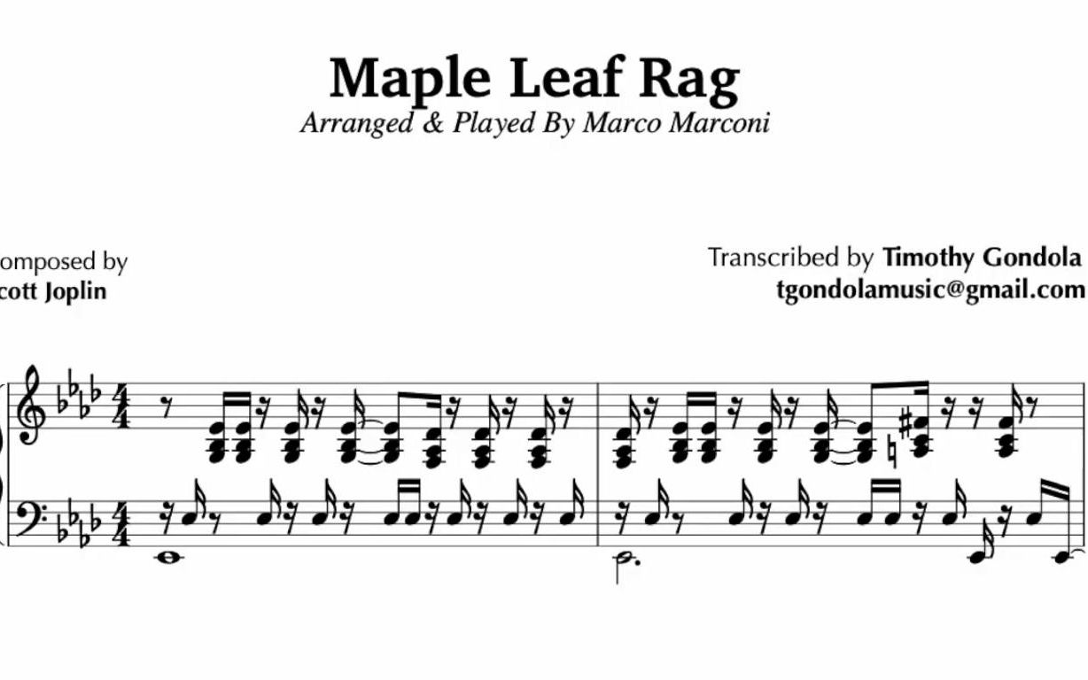 [图]【钢琴/爵士】斯考特·乔普林 - 枫叶拉格 (Arranged by Marco Marconi) Scott Joplin - Maple Leaf Rag