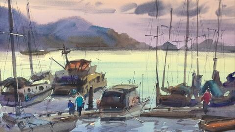 【水彩】《浮光掠影》水彩风景示范 “晚霞渔港”