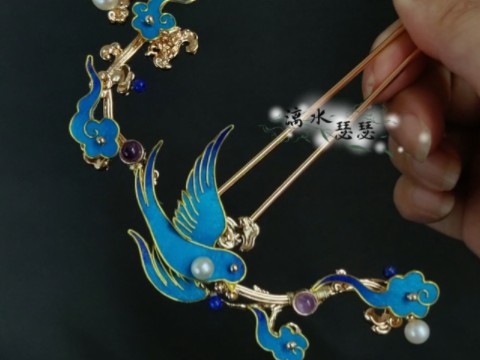 漓水瑟瑟手作 云中燕,仿点翠鹅毛发钗 古风手工作品