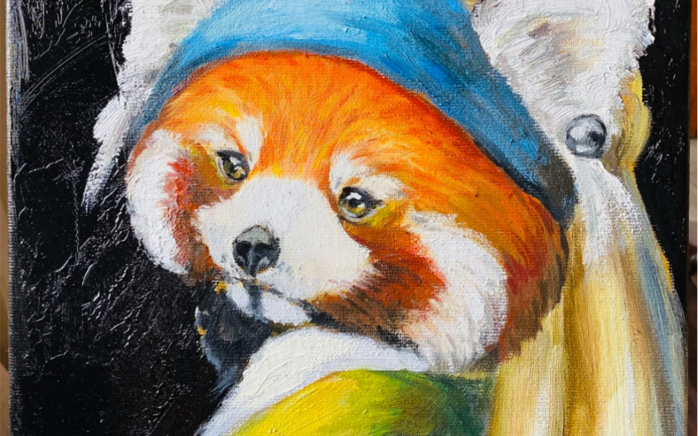 油画用油画给小熊猫画一幅名画带珍珠耳环的小能