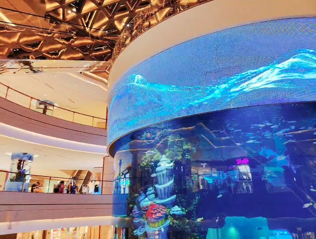 重庆市江北区观音桥星光68海洋馆是一个360°全景柱状海洋馆